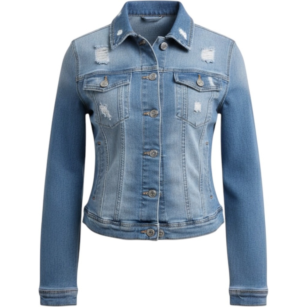 Enjean Denim Jacket Womens Medium  Edgy Light Blue Grunge Distressed Trucker